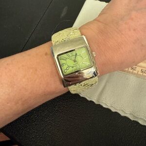 Geneva Platinum Silver Watch with Textured Green and Silver Strap